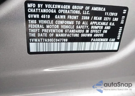 2014 Volkswagen Passat 1.8T Wolfsburg Edition from USA, damaged, VIN 1VWAT7A30EC047769